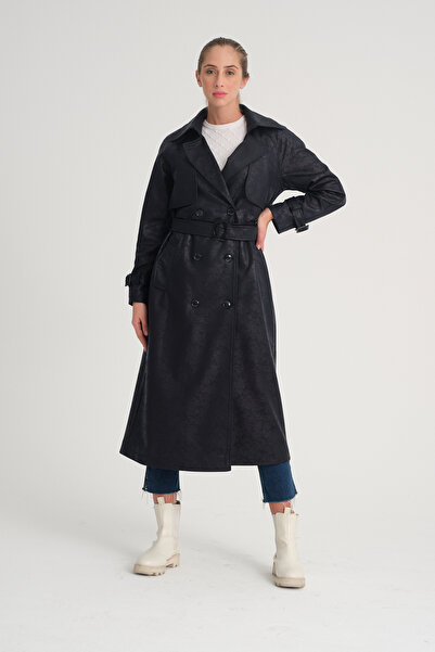 Soydan Güner Suni Deri Reglan Kol Uzun Trençkot Lacivert 5790