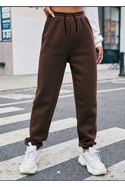 FİTGO Καφέ βαμβακερό παντελόνι φόρμας με 3 κλωστές
