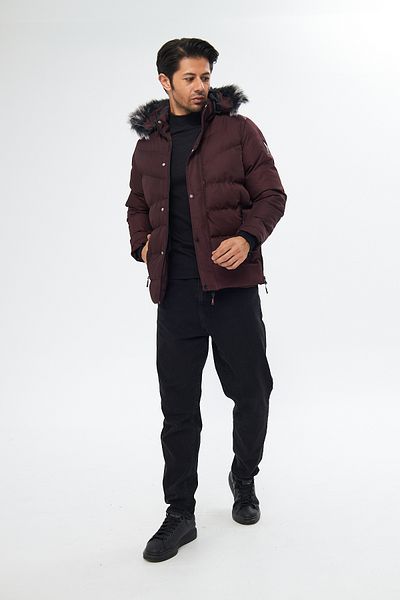 S&V TEKSTİL Men's Burgundy Hooded Furry Coat Coat Parquet