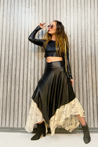 Quincey Dantelli Asimetrik maxi Deri Etek