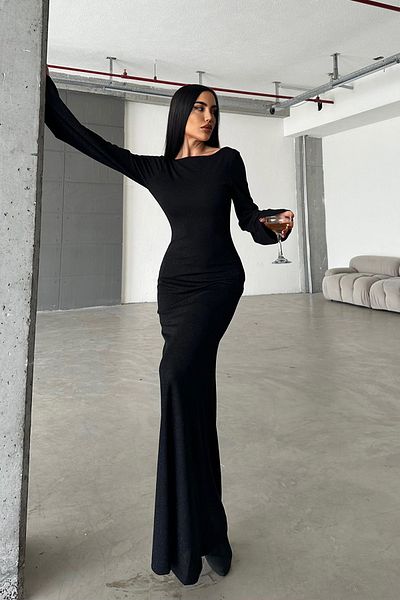 Ortaya Çık Μαύρο Glitter Πίσω Χαμηλό Φόρεμα