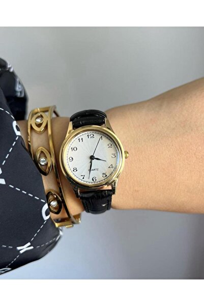 İnogge Yuvarlak Gerçek Deri Kordonlu Siyah Kadın Kol Saati