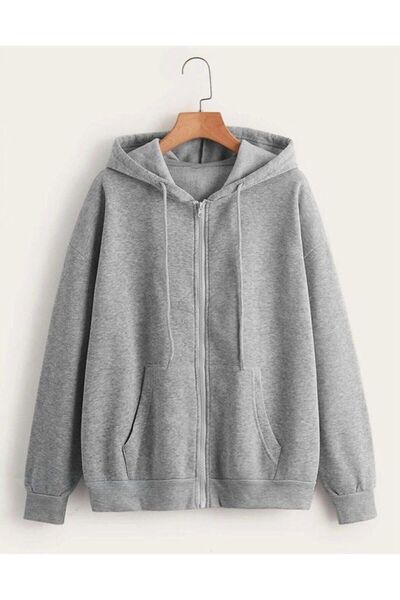 Nacar Unisex Gri Örme Kumaş Fermuarlı Kapşonlu Sweat Hırka