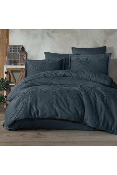 Clasy Jakarlı Saten Çift Kişilik Nevresim Takımı Marbella İndigo Gri