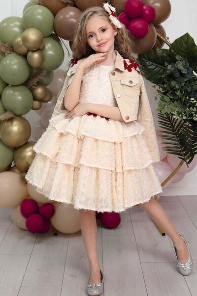 Riccotarz Girl's Butterfly Patterned Denim Jacket and Wrapped Sleeveless Cream Dress