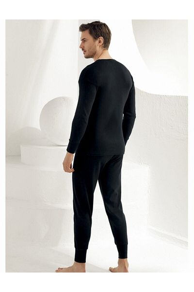 Şahinler Men's Black Long Cuffed Interlock Underwear ME017
