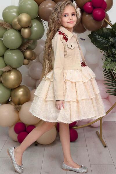 Riccotarz Girl's Butterfly Patterned Denim Jacket and Wrapped Sleeveless Cream Dress