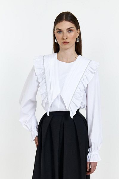 Lathine Ruffle Collar Jewelled Poplin White Tunic