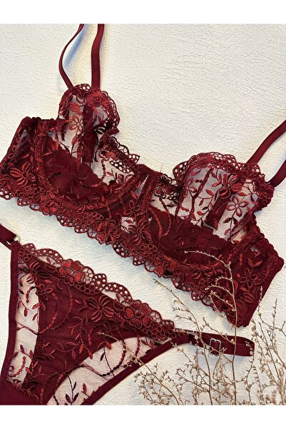 dem merys Σετ σουτιέν με λουλούδια μπορντό