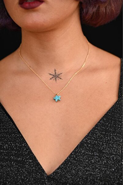 TÜKKAN ACCESSORİES Yıldız Model Turkuaz Doğaltaş Gold Zincir Kolye-0kol71
