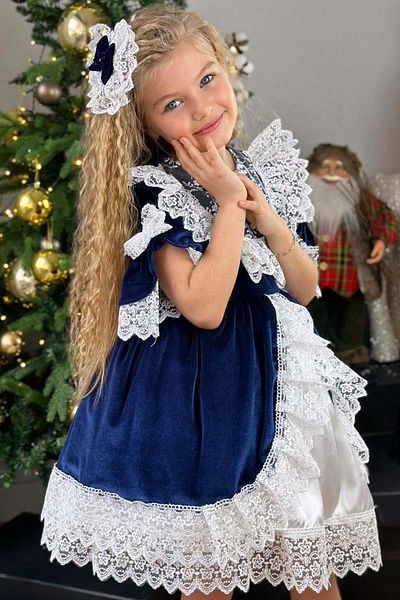 Riccotarz Girl's Guipure Embroidered Vintage Navy Blue Velvet Dress
