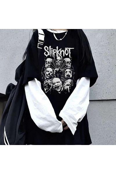 Touz Slipknot Unisex Oversize Fake μανίκι λευκό μπλουζάκι
