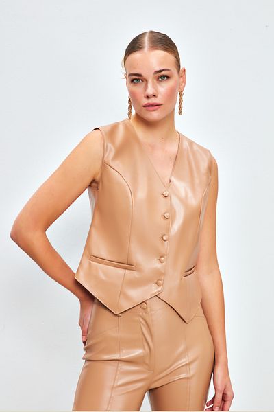 Sateen Beige Leather Vest - Button Detail