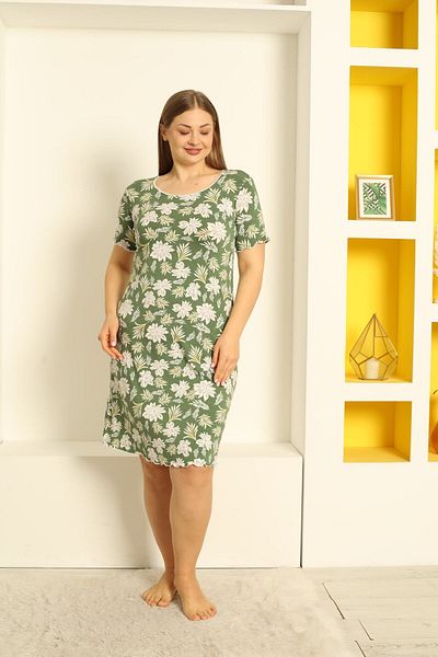 Lagertha by İntensive Green Patterned Lycra Viscose Large Size Nightgown with Piping Detail