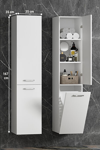 ÖZCEDEN Yeni Boy 35*167 cm Beyaz MDF Sepetli Asma Banyo Boy Dolabı