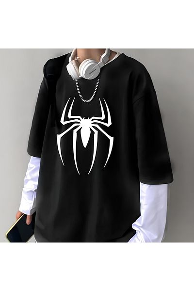 Touz Unisex Spider Oversize Λευκό T-Shirt - Ψεύτικο μανίκι