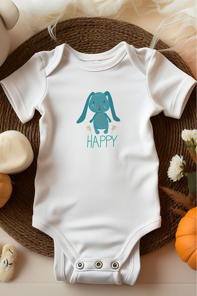 bebek perisi BABY FAIRY 100% Cotton Organic Printed Long-Eared Happy Rabbit Baby Bodysuit