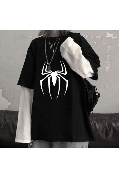 Touz Unisex Spider Oversize Λευκό T-Shirt - Ψεύτικο μανίκι
