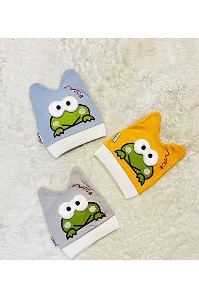 anne dokunuşu gibi KUZUM BEBE Mavi Sarı Gri 3’'lü Kurbağa Figürlü Kız Erkek Bebek Çocuk Penye Şapka Bere