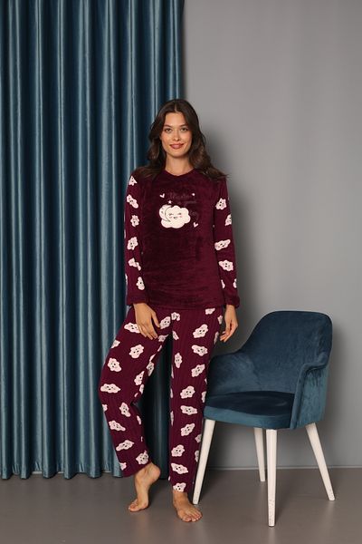 TUGSE Women's Cloud Patterned Long Sleeve Fleece Plush Fabric Winter Warm Pajama Set