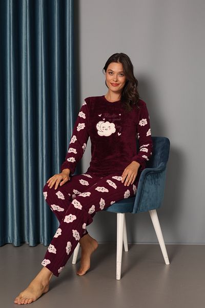 TUGSE Women's Cloud Patterned Long Sleeve Fleece Plush Fabric Winter Warm Pajama Set
