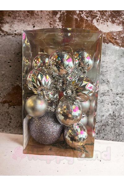 Happyland Christmas Pine Tree Ornament Christmas Balls Silver Color Acetate Boxed Set of 20 Christmas Balls