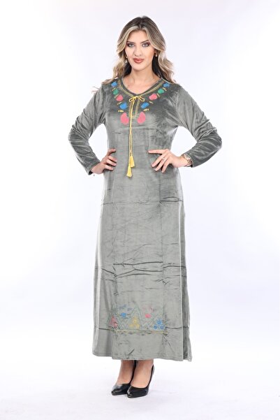 mervemoda Γυναικείο Χακί Κέντημα Λεπτομερές Φόρεμα Γκρι
