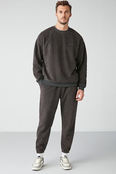 GRIMELANGE Benedict Men's Fleece Fabric Thick Textured Pocket Anthracite Sweatpants