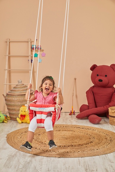 Svava Plus Ahşap Bebek Salıncak, Tavana Asılan Çocuk Salıncağı KIRMIZI & BEYAZ