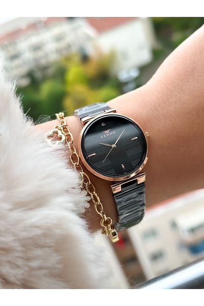 FERRO Brand New Season Rose Color, Steel Strap, Simple Model Women's Wristwatch + Bracelet in Box