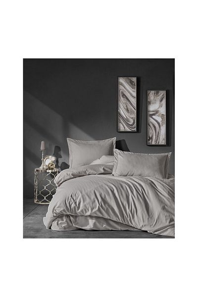 ŞENER HOME Σετ Παπλωματοθήκη Cottonbox Beige Διπλό Σατέν - Elegante Ριγέ