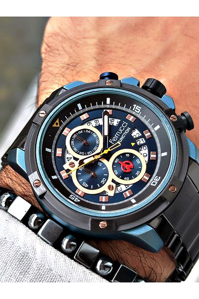 Ferrucci Black Color Sports Steel Cord Function Men's Wrist Watch + BRACELET GIFT