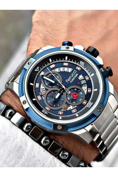 Ferrucci Silver Color Sports Steel Cord Function Men's Wrist Watch + BRACELET GIFT