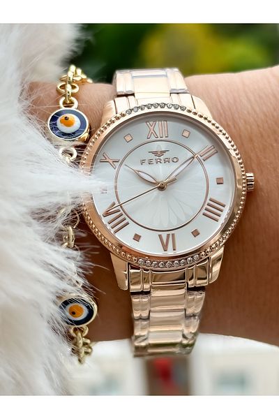 FERRO Brand New Season Rose Color, Steel Strap, Simple Model Women's Wristwatch + Bracelet in Box
