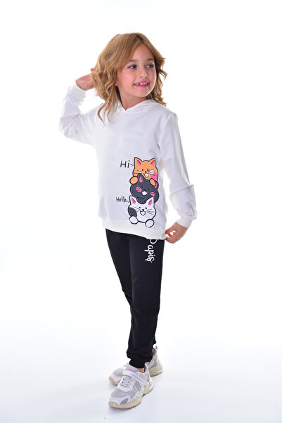 Papiş Girl's Tracksuit Set - Hooded and Printed Sweatshirt and Pajama Set