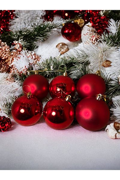 Happyland Christmas Pine Tree Ornament 4 cm Matte Red 6 Pieces Acetate Boxed Matte Red Christmas Ball