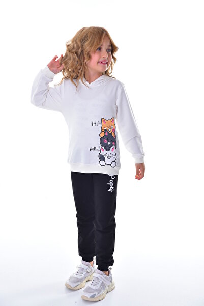 Papiş Girl's Tracksuit Set - Hooded and Printed Sweatshirt and Pajama Set