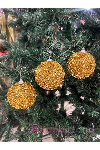 Happyland Yılbaşı Çam Ağacı Süsü Gold Pullu Parıltılı Büyük Boy YılBaşı Topu 3 Adet Yeni Yıl Süs