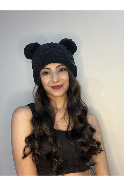 AidaAstrid Bear Hat Beanie Plain Black Bear Eared Beanie Mask Winter Cap with Animal Figures Hand Knitted