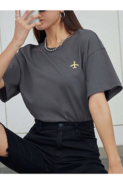 over head oh Tricou supradimensionat cu imprimeu cu avion cu figuri afumate d...