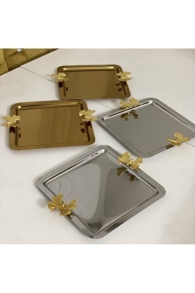 Elzemm store صينية تقديم مربعة باللونين الذهبي والفضي مكونة من 4 قطع مع ملحق ...