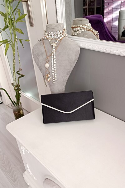 LA CALZATURE Geantă elegantă de seară din satin negru, cu fitil argintiu și p...