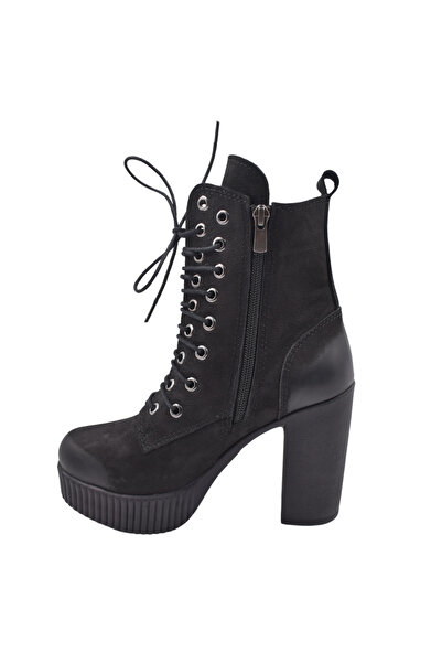 Impero Çift Kapsül Detaylı Siyah Nubuk Topuklu Bot