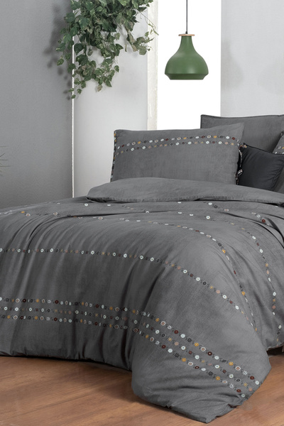 Sarev Tanya Gray King Size 100% Cotton Poplin Washed Double Sided Duvet Cover Set