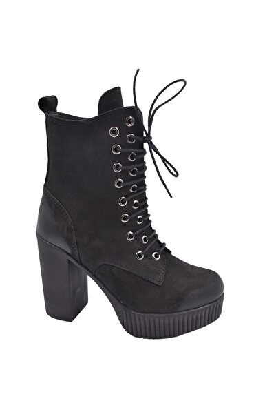 Impero Çift Kapsül Detaylı Siyah Nubuk Topuklu Bot