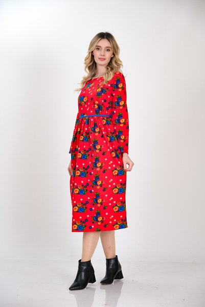 İna Divitin Flannel to Red Floor Blue Floral Winter Dress