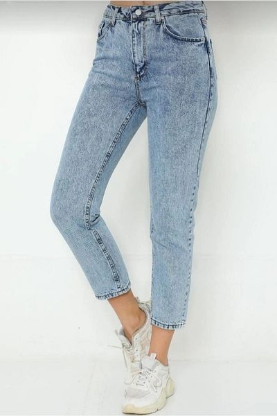 MAKRAS EXCLUSIVE Blugi Jaxen pentru femei Blue Acid Snow Wash cu talie înaltă Boyfrend Mom