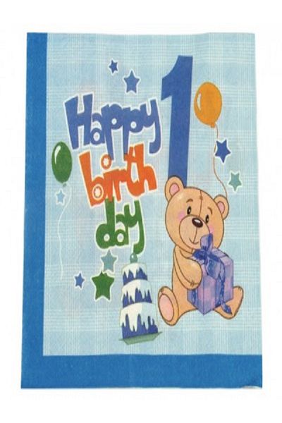 Kazanabil 20 Pcs HAPPY BIRTHDAY 1 YEAR OLD THEMED DOUBLE FOLD PAPER NAPKIN BLUE
