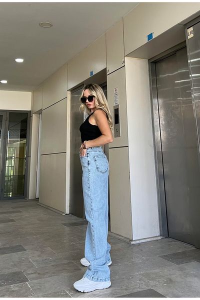 MAKRAS EXCLUSIVE Blugi Palazzo Jaxen pentru femei, talie înaltă, albastră, cu picioare late, confortabile, în lycra
