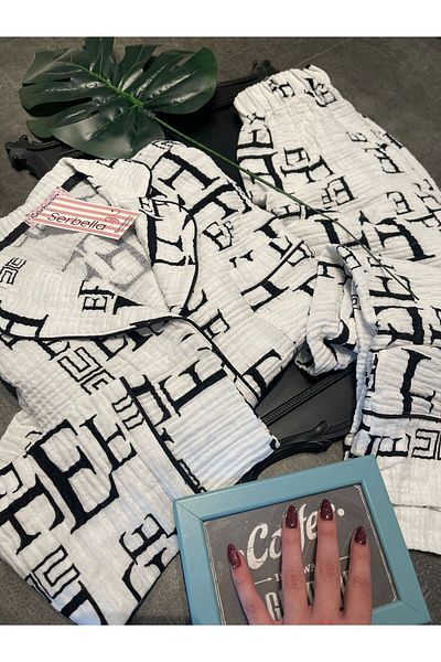Serbella Set de pijama pantaloni cămașă cu litere din muselină albă